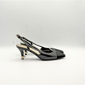 Chanel Black Slingback Heels w/ Pearl Accent Cap Toe Pointed Toe Size EU 36